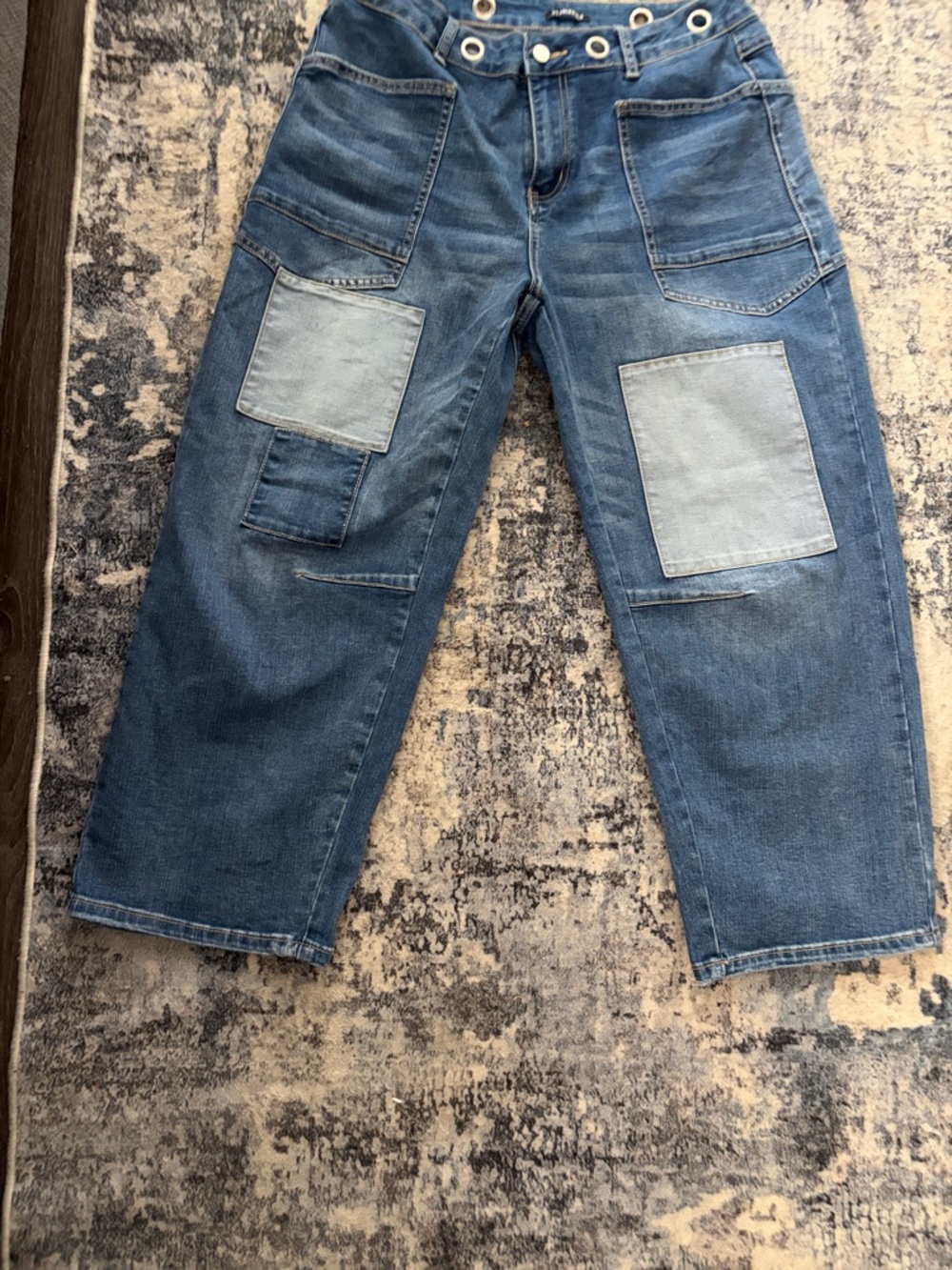 Flamingals Patchwork Wide Leg Crop Capri Barrel Jeans Grommet Waist L flamingas